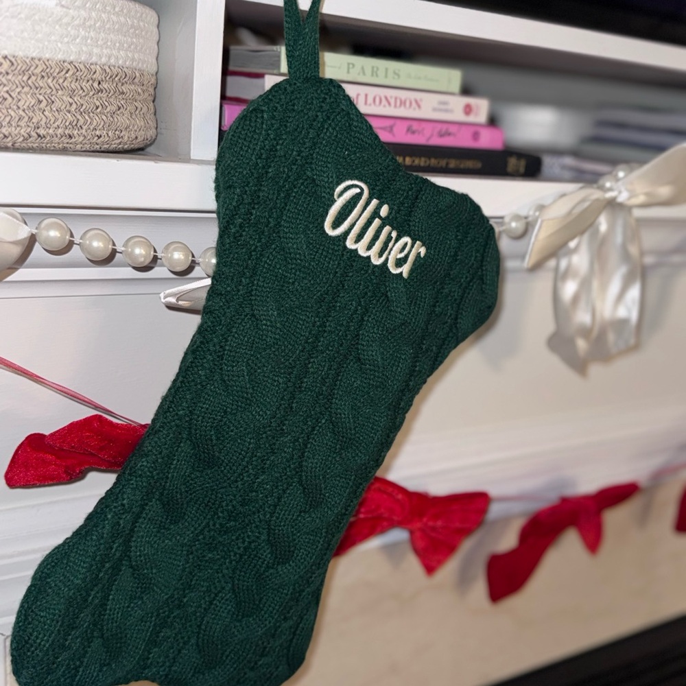 Personalized Green Knit Dog Bone Christmas Stocking – Monogrammed “Oliver”